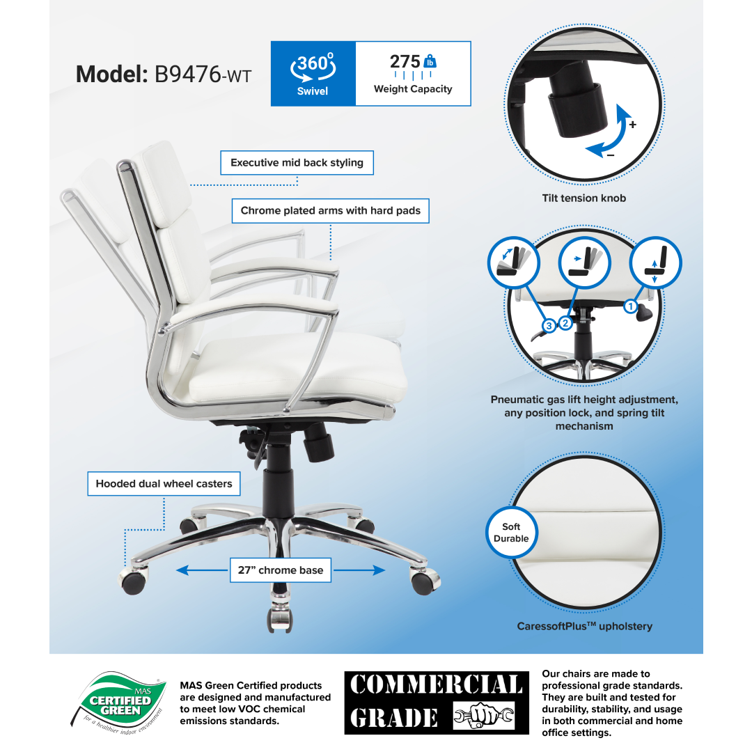Boss Executive CaressoftPlus Chair with Metal Chrome Finish – Mid Back
